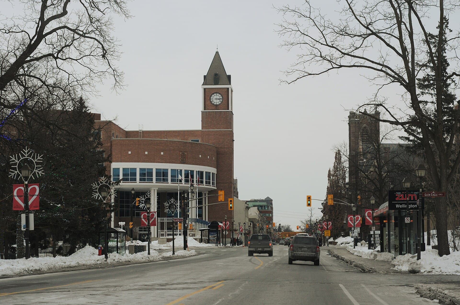 Main Street South in downtown Brampton in winter, city hall's clock tower ahead